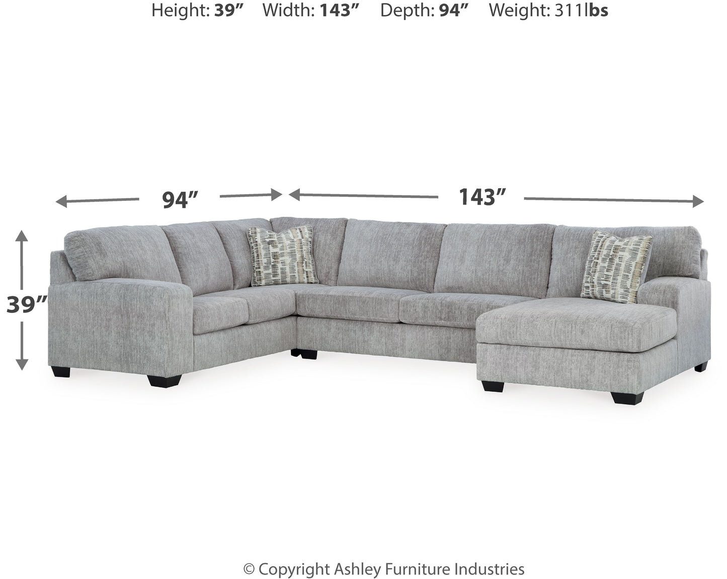 Pembrey - Pewter - 3-Piece Sectional With Raf Corner Chaise